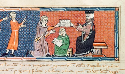 Guillaume Jaubert taking an oath before King James I